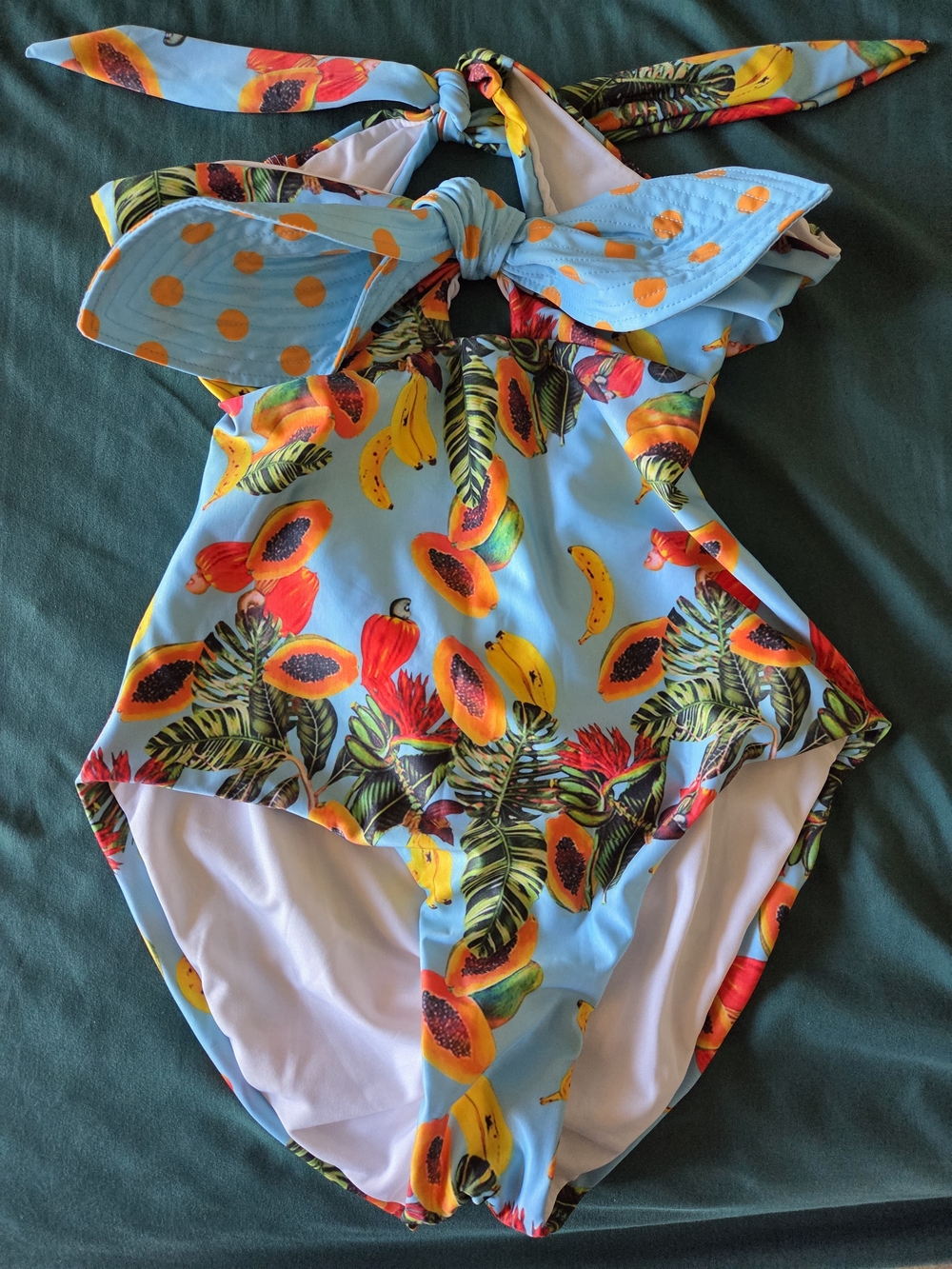 Women's Tropical Light Blue - Fruit Print One-Piece Swimsuit with Bow Size L